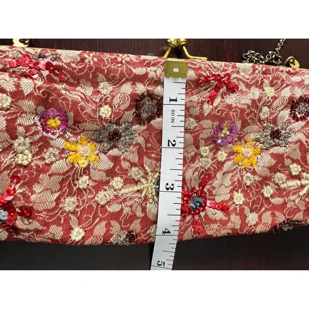 Vintage Pink Lace Beaded Floral Evening‎ Clutch Bag Gold Chain Made in India
